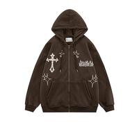 FRESQA Goth Embroidery Hoodies Men High Street Harajuku Retro Hip Hop Zip Up Hoodie Men Loose Casual Sweatshirt Hoodie Clothes Y2K Tops