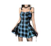 FRESQA Gothic Plaid Bandage Black Blue Dress Women Vintage Sleeveless Zipper Sexy Mini Dress Lace Punk Aesthetic Summer A Line Dress