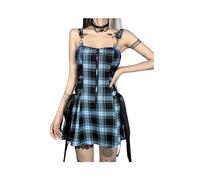 FRESQA Gothic Plaid Bandage Black Blue Dress Women Vintage Sleeveless Zipper Sexy Mini Dress Punk Aesthetic Summer A Line Dress