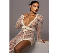 FRESQA Sexy Women Knitted Dresses Deep V Neck Tassels Sleeves Crochet Dress Cover Ups Hollow Out Crocheted Beach Skirt Cover Ups