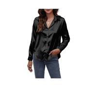 FRESQA Spring Satin Shirt Women Loose Button Up Blouse Ladies Imitation Silk Long Sleeve Shirt for Women Black