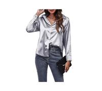 FRESQA Spring Satin Shirt Women Loose Button Up Blouse Shirt Ladies Imitation Silk Long Sleeve Shirt for Women Gray