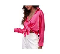 FRESQA Spring Satin Shirt Women Loose Button Up Blouse Shirt Ladies Imitation Silk Long Sleeve Shirt for Women Rose Red