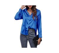 FRESQA Spring Satin Shirt Women Loose Button Up Blouse Shirt Ladies Imitation Silk Long Sleeve Shirt for Women Royal Blue