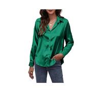 FRESQA Spring Satin Shirt Women Loose Button Up Blouse Shirt Ladies Imitation Silk Long Sleeve Shirt for Women Green