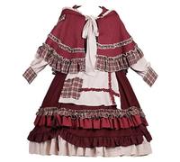 FRESQA Sweet Girl Lolita Women Dress Vintage Patchwork Red Dress with Cloak Cute Female Cosplay Little Red Riding HoodA