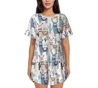 FRESQA Tropical Cactus Animal Lama Print Women'S Comfy Sleepwear Set,Round Neck Pajama Short Set For Relaxing At Home, Black, M