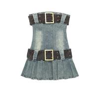 FRESQA Vintage Dress Y2k 2000s One-Piece Denim Dress with Belt Pleated Mini Short Jean Blue Gown Hottie Summer Women