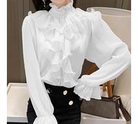 FRESQA Vintage Ruffles Elegant Lace Blouse Women Stand Collar Button White Chiffon Shirt Woman Long Puff Sleeve Loose Shirts Tops