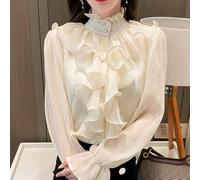 FRESQA Vintage Ruffles Elegant Lace Blouse Women Stand Collar Button White Chiffon Shirt Woman Long Puff Sleeve Loose Shirts Tops