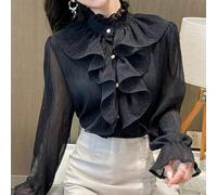FRESQA Vintage Ruffles Elegant Lace Blouse Women Stand Collar Button White Chiffon Shirt Woman Long Puff Sleeve Loose Shirts Tops