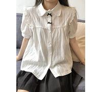 FRESQA White Lolita Lace Blouse Women Gothic Preppy Style Vintage Peter Pan Collar Short Sleeve Shirt Girl Summer Cute Top