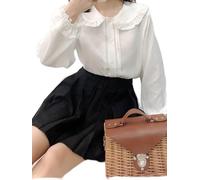 FRESQA White Shirt Women Kawaii Peter Pan Collar Blouses Button Up Long Sleeve Cute Ruffle Tops Lolita Style Mori Girl Aesthetic