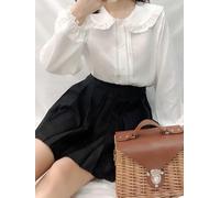 FRESQA White Shirt Women Kawaii Peter Pan Collar Blouses Button Up Long Sleeve Cute Ruffle Tops Lolita Style Mori Girl Aesthetic
