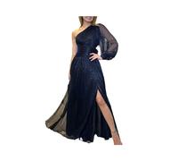 FRESQA Women One-Shoulder Lantern Sleeve Evening Dress Spring Skew Collar Backless Slit Long Dress Fall Lace Mesh Hollow Out Maxi Dress