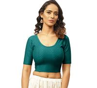 Fressia Fabrics Round Neck Pure Dobby Cotton Stretchable Elbow Sleeve Readymade Saree Blouse for Women Stylish (208_tealgreen) Teal Green