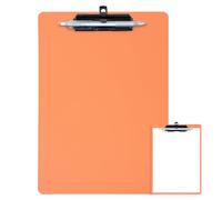 FRETONBA Clipboard with Pen Holder, Plastic Clipboard with Low Profile Metal Clip, Hanging Clipboards Holds 8.5x11 Inch Papers, Standard A4 Letter Size Clip Board for Office & School, Orange