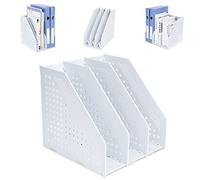 FRETONBA Magazine Rack Folding Bookshelf, File Holder Vertical with 3 Compartments, Book Holder for Office Storage and Organiser, Desktop Bookshelf for School, Library, Office, Light Grey