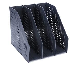 FRETONBA Magazine Rack Folding Bookshelf, File Holder Vertical with 3 Compartments, Book Holder for Office Storage and Organiser, Desktop Bookshelf for School, Library, Office, Dark Grey
