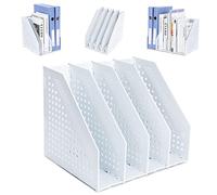 FRETONBA Magazine Rack Folding Bookshelf, File Holder Vertical with 4 Compartments, Book Holder for Office Storage and Organiser, Desktop Bookshelf for School, Library, Office, Light Grey