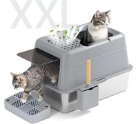 FRETONBA Stainless Steel XXL Cat Litter Tray, 26L Large Capacity Cat Litter Box, High Sided Cats Tray, Odor Control and Easy Cleaning, Cats Toilet with Hood, Pedal, Litter Scoop, Grey