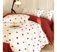 Freyamy White King Duvet Cover Set - 2pcs Aesthetic Red Heart Bedding Sets Reversible, Lovely Red Reversible Bedding Sets Single Size 220x230 cm and 2 Pillowcase 50x75 cm