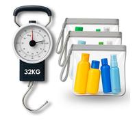 FREYPAC Luggage Scale with Tape Measure, 32kg Capacity, 3 Airline Approved Clear Toiletry Bags for Use when Travelling with Liquids In Hand Luggage, Airline Compliant and Leakproof