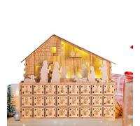 Frfik Nativity Scene Home Advent 24 Days Wooden Christmas Decoration - LED Illuminated Drawer Calendar Countdown for Indoor Children Adults Christian