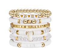 Frgofl 6Pcs Surfer Heishi Friendship Bracelets Set Stackable Stretch Clay Bead Bracelets for Women Preppy Elastic Layering Bracelets Boho Aesthetic Summer Beach Jewelry, Large, Acrylic