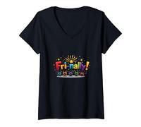 Fri-Nally! Colorful Celebration for Weekend Warriors V-Neck T-Shirt, Women, Black, L