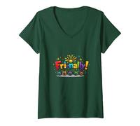 Fri-Nally! Colorful Celebration for Weekend Warriors V-Neck T-Shirt, Women, Forest Green, XXL