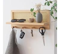 FRIADE PE Rattan Coat Rack Shelf Wall Mounted with 4 Hooks, Decorative Coat Hook Rack with Floating Shelf for Entryway, Nursery, Mudroom, Hallway, Kitchen, Office (Burlywood)