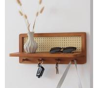 FRIADE PE Rattan Coat Rack Shelf Wall Mounted with 4 Hooks, Decorative Coat Hook Rack with Floating Shelf for Entryway, Nursery, Mudroom, Hallway, Kitchen, Office (Retro Brown)