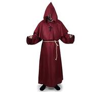 Friar Medieval Hooded Costume Men Monk Renaissance Priest Robe with Cross Rope Belt for Adults Halloween Outfits Cosplay (Red, M)