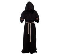 Friar Medieval Hooded Monk Renaissance Priest Robe Costume Cosplay, Black, Small
