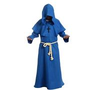 Friar Medieval Hooded Monk Renaissance Priest Robe Costume Cosplay, Blue, Medium