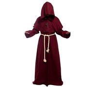 Friar Medieval Hooded Monk Renaissance Priest Robe Costume Cosplay, Burgundy, Small