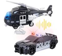 Friction Powered Emergency Vehicle Toys Set - Police Car & Helicopter with Lights & Sounds, for Toddlers & Boys