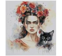 Frida and cat in Color Cross Stitch Kits, 14 Count, 160x160 Stitch, 27x27cm, Celebrity Portrait Counted Cross Stitch kit