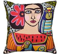 Frida Inspired Throw Pillow Cover Mexican Art Pillowcase Bella Senorita Hand Embroidered Parrot Farmhouse Couch Pillowshams Colorful Birds Suzani Chair Cushion Flower Couch Wool 18x18 Inch