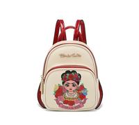 Frida Kahlo Artistic Mini Backpack with Patent Leather, Mexican Folk Art Design with Rose Floral Pattern, Fashion Accessory, Beige and Red, Mini