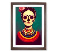 Frida Kahlo Sugar Skull Framed Print | A2 Walnut Framed Wall Art | Ready to Hang | Modern Skull Picture | Living Room Bedroom Lounge Office