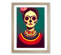 Frida Kahlo Sugar Skull Framed Wall Art Print A2 Oak