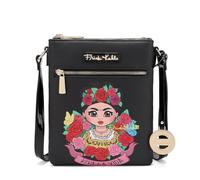 Frida Kahlo Viva La Vida Crossbody Bag, Black Floral Art Design, Multi-Compartment with Gold Hardware