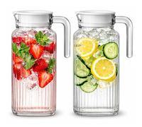 Fridge Jug 1.7L Glass Water Jug with Lid (2 Pack) - Clear Water Pitcher with Ribbed Design & Handle for Fridge Shelf & Everyday Use with Vented Spout - Juices, Pimms & Picnics