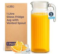 Fridge Jug 1L Glass Water Jug with Lid (1 Pack) - Clear Water Pitcher with Ribbed Glass Design & Handle for Fridge Shelf & Everyday Use with Vented Spout - Juices, Pimms & Picnics