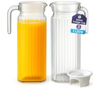 Fridge Jug 1L Glass Water Jug with Lid (2 Pack) - Clear Water Pitcher with Ribbed Glass Design & Handle for Fridge Shelf & Everyday Use with Vented Spout - Juices, Pimms & Picnics