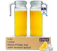 Fridge Jug 1L Glass Water Jug with Lid (2 Pack) - Clear Water Pitcher with Ribbed Glass Jug Design & Handle for Fridge Shelf & Everyday Use with Vented Spout - Juices, Pimms & Picnics