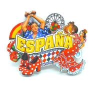 Fridge magnet. Spanish flamenco dancer. Flag of Spain. Polka dot dress with pericón figure. Sevillian fan