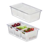 Relaxdays 2X Fridge, Stackable, 3 Draining Baskets, Food Organiser, Lid, 10 x 32 x 17.5 cm, Transparent/White